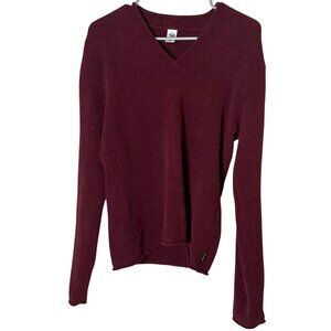 PrAna Burgundy Textured V Neck Pullover Sweater L Cozy Rolled Hem